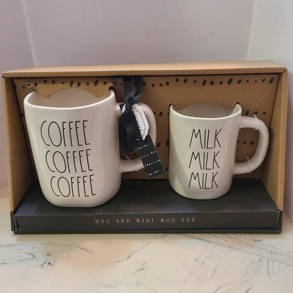 Rae Dunn Adult And Child White Large Coffee and Mini Milk Mug Set